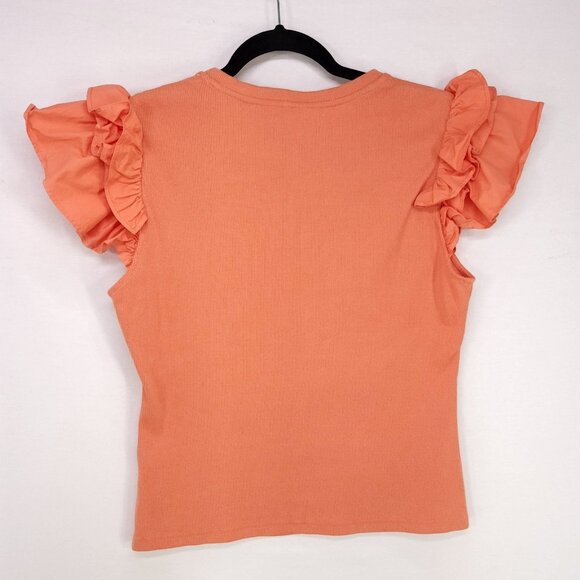 Anthropologie Ribbed Top Size Medium Ruffle Short Cap Sleeve Round Neck Blouse - Picture 3 of 12